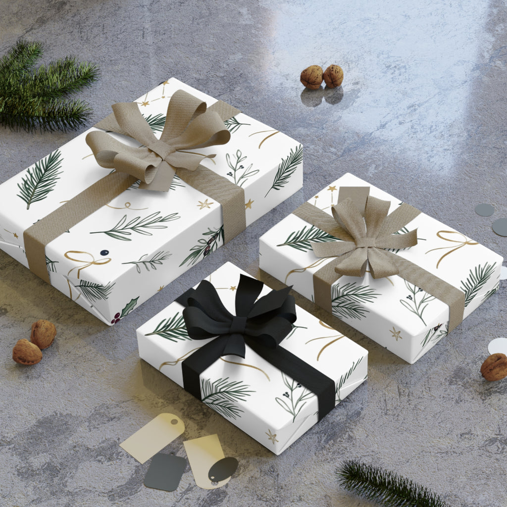 Christmas Wrapping Paper Roll — Pine Holly & Gold Botanical Gift Wrap, 95gsm Recyclable, 2 Sizes