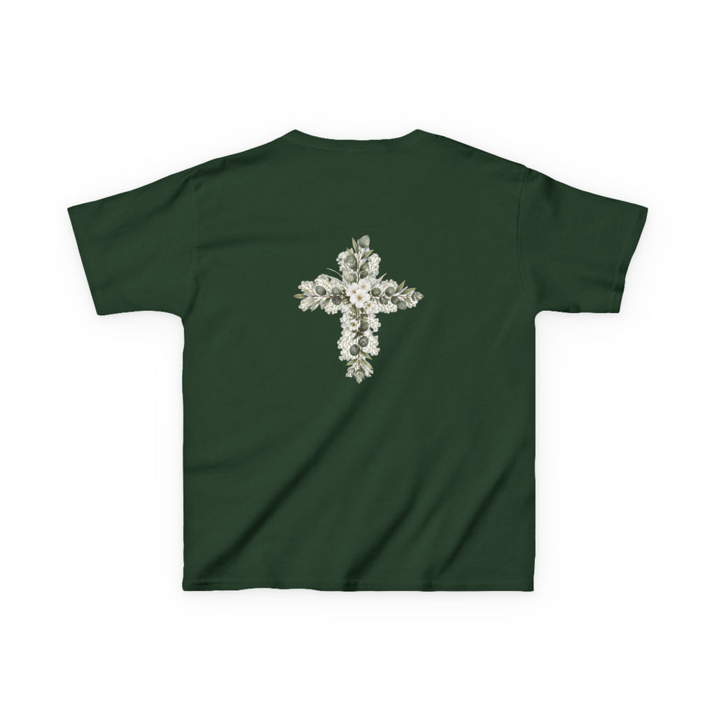 Kids Tee — Floral Cross “Faith” Christian Shirt for Children (Easter, Baptism, Church)