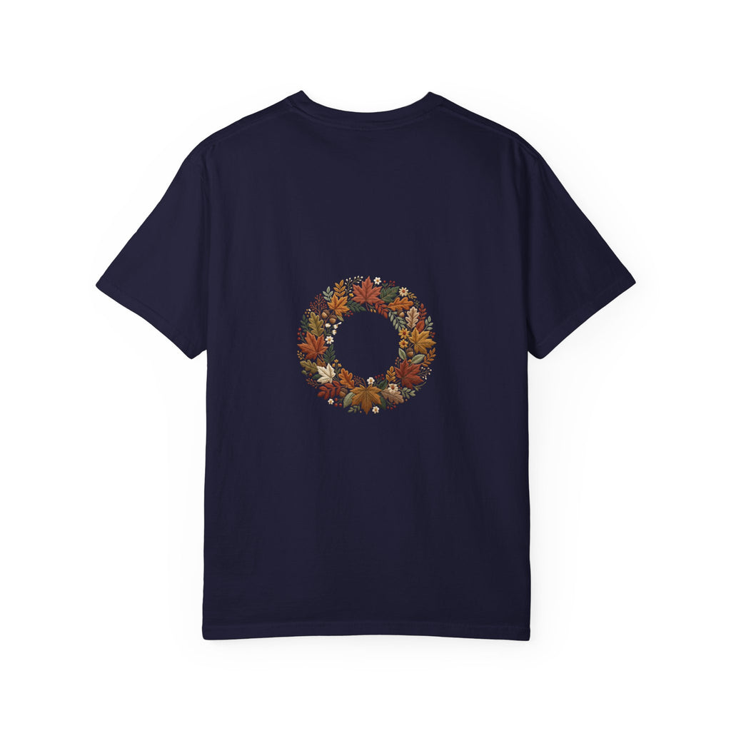 T-Shirt — Autumn Floral Wreath Tee (Fall Leaves Chest & Back Print)