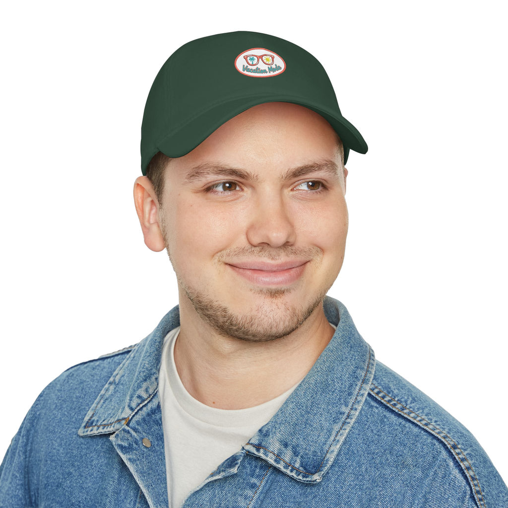 Red 'Vacation Mode' Low Profile Baseball Cap — Sunglasses Patch Dad Hat