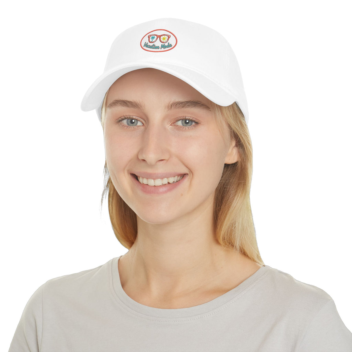 Red 'Vacation Mode' Low Profile Baseball Cap — Sunglasses Patch Dad Hat