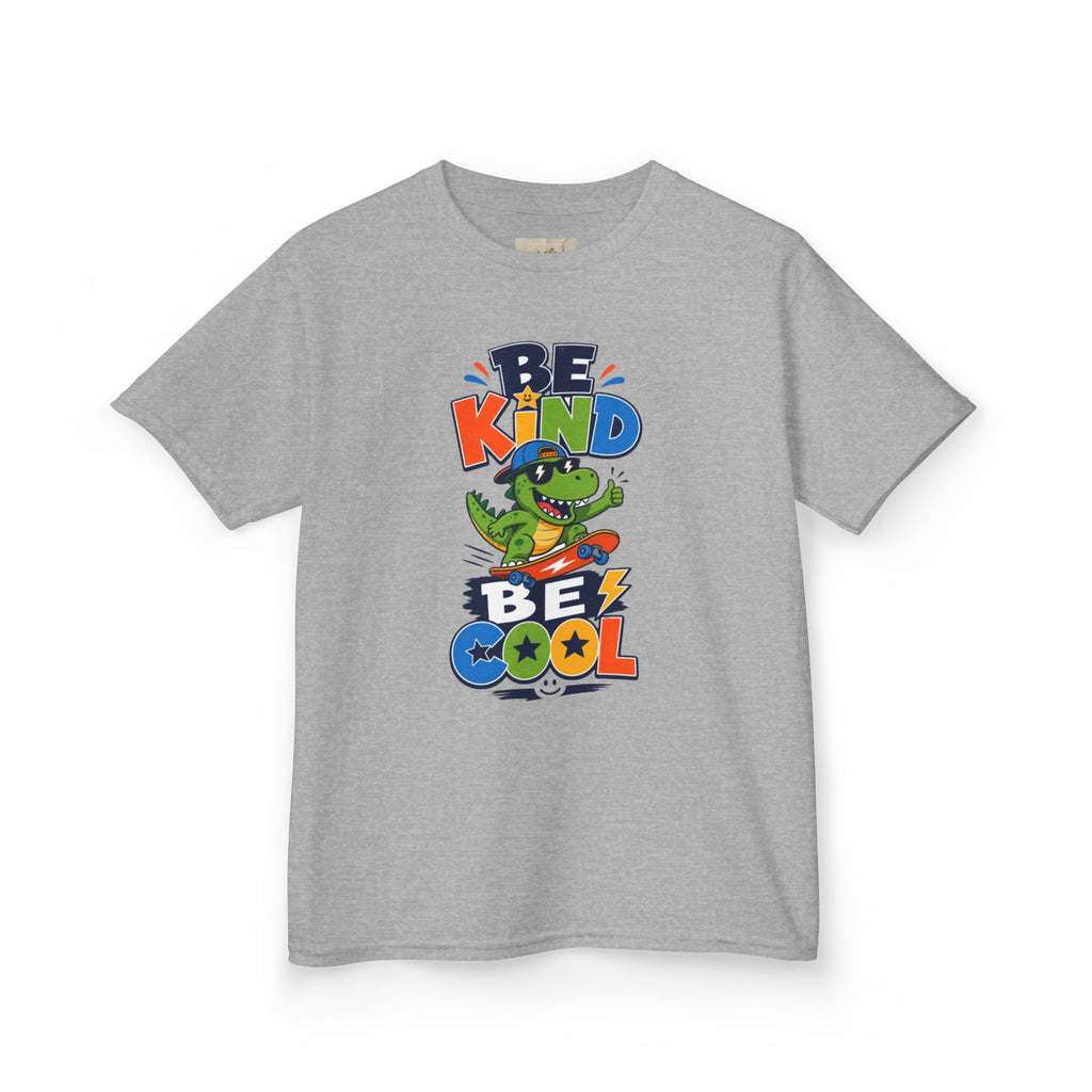 Kids Tee — "Be Kind, Be Cool" Dinosaur Graphic with "Shine Bright" Back