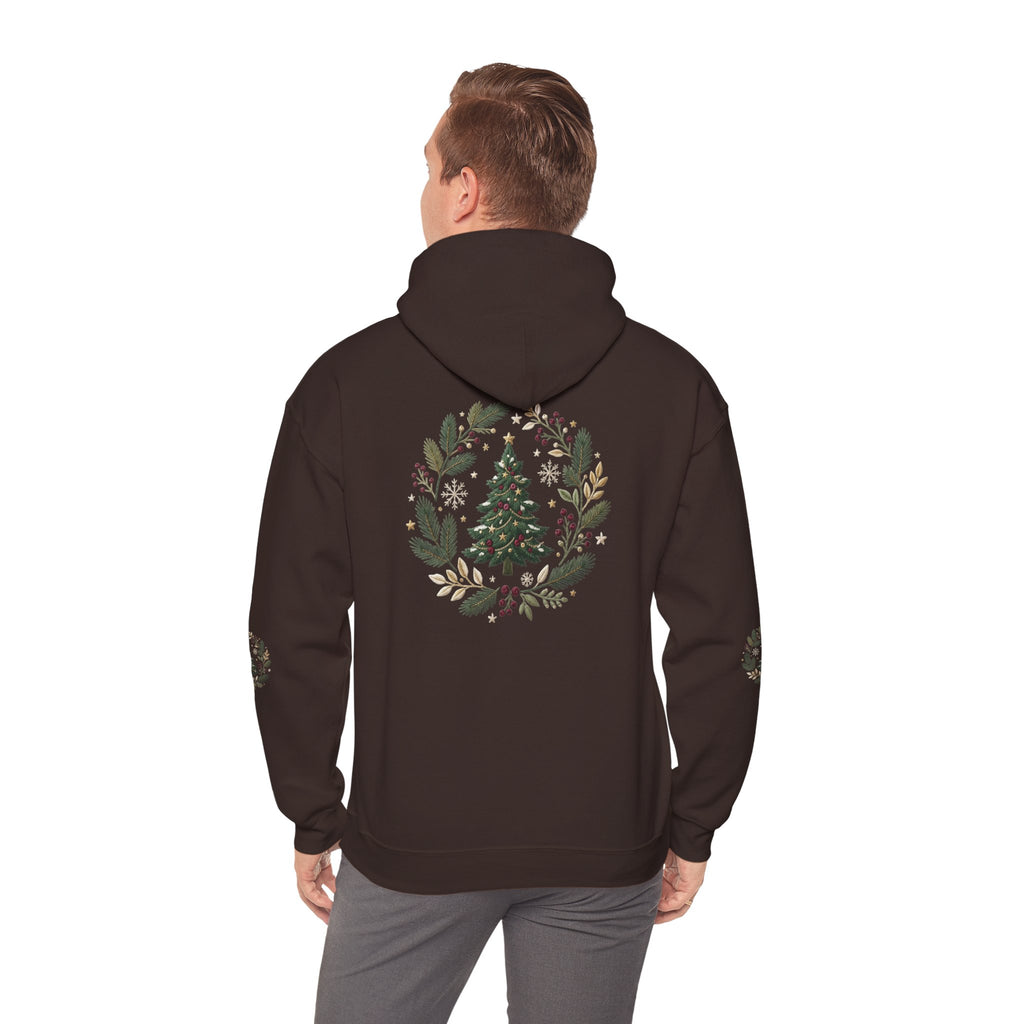 Christmas Tree Wreath Hoodie — Festive Botanical Sweatshirt, 50/50 Cotton-Poly, Unisex