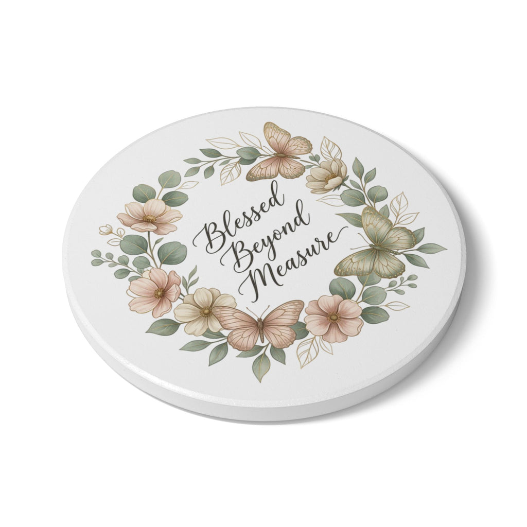 Blessed Beyond Measure Ceramic Coaster — Floral Wreath & Butterflies