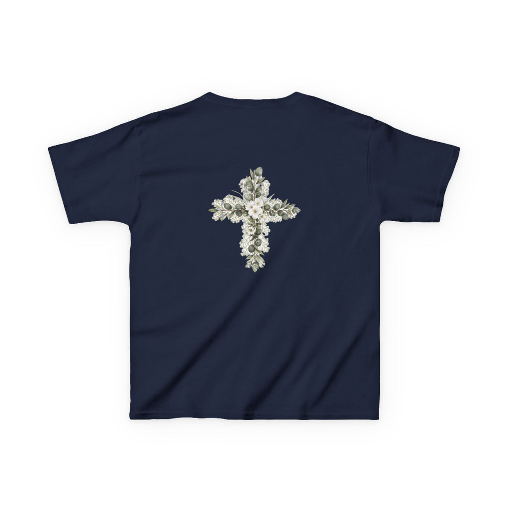 Kids Tee — Floral Cross “Faith” Christian Shirt for Children (Easter, Baptism, Church)