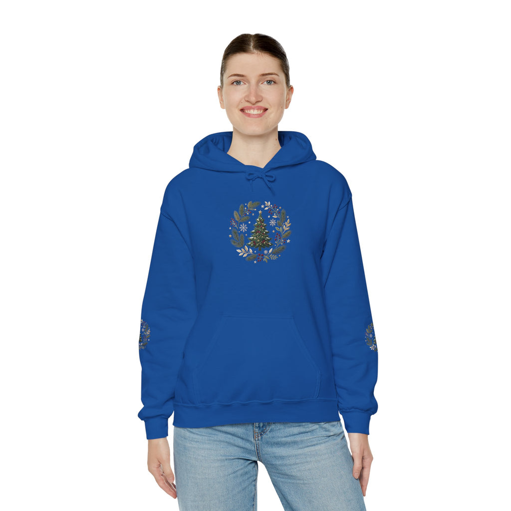 Christmas Tree Wreath Hoodie — Festive Botanical Sweatshirt, 50/50 Cotton-Poly, Unisex