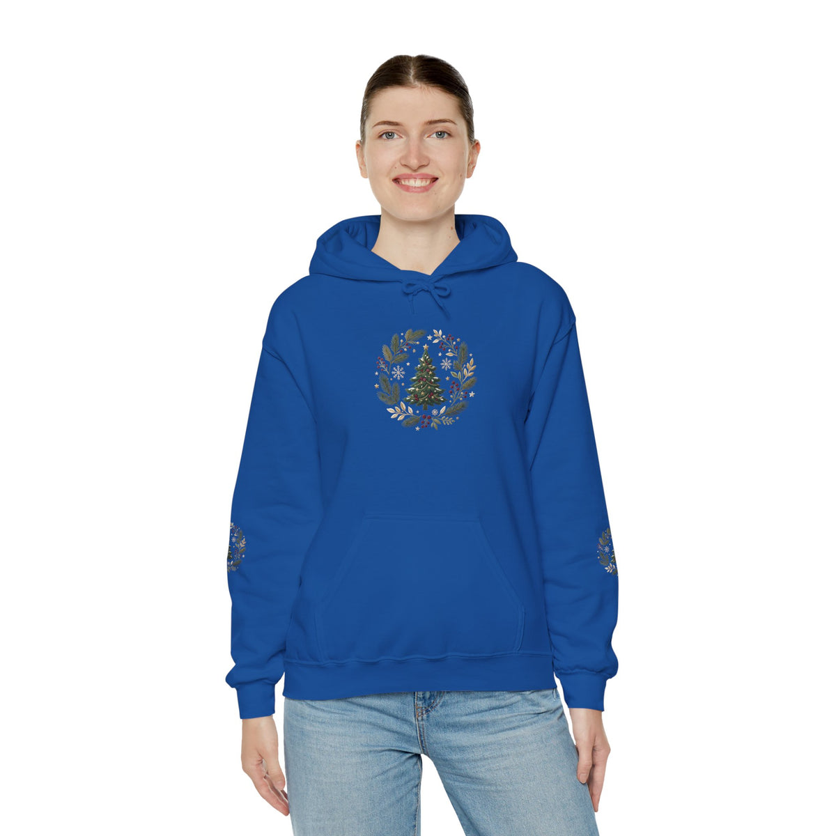 Christmas Tree Wreath Hoodie — Festive Botanical Sweatshirt, 50/50 Cotton-Poly, Unisex