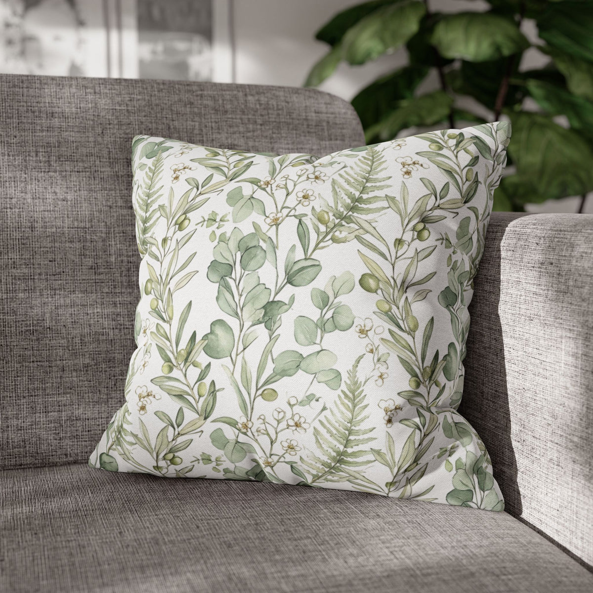 Botanical Greenery Square Pillowcase — Watercolour Eucalyptus & Fern Throw Pillow Cover