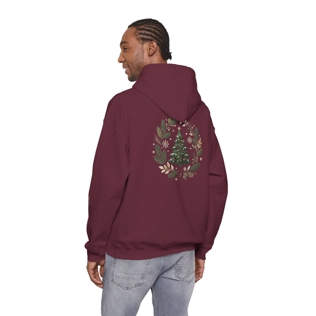 Christmas Tree Wreath Hoodie — Festive Botanical Sweatshirt, 50/50 Cotton-Poly, Unisex