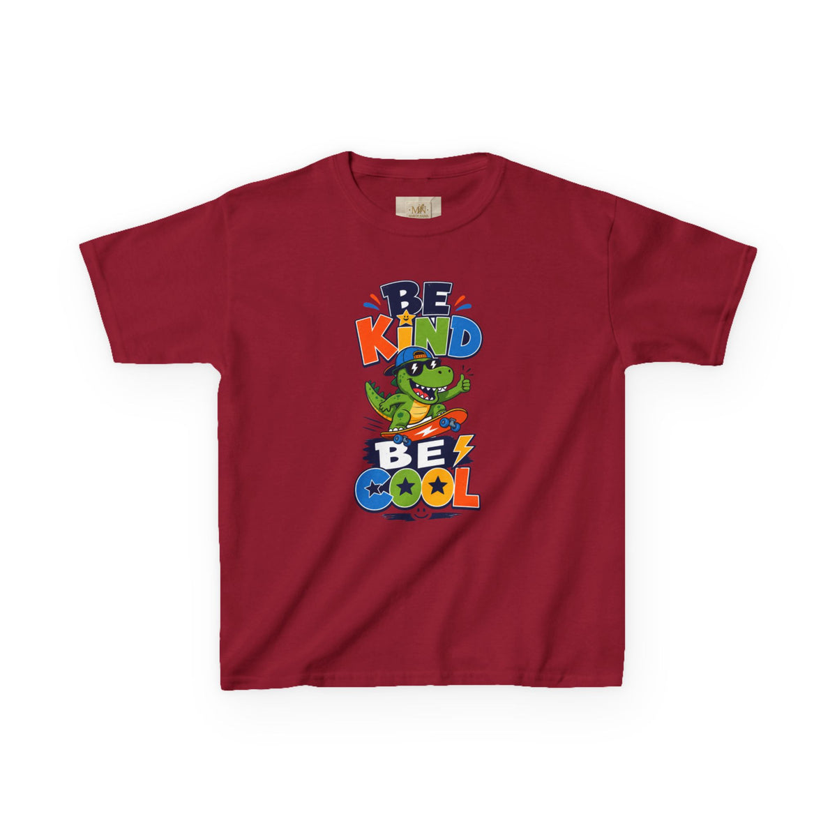 Kids Tee — "Be Kind, Be Cool" Dinosaur Graphic with "Shine Bright" Back