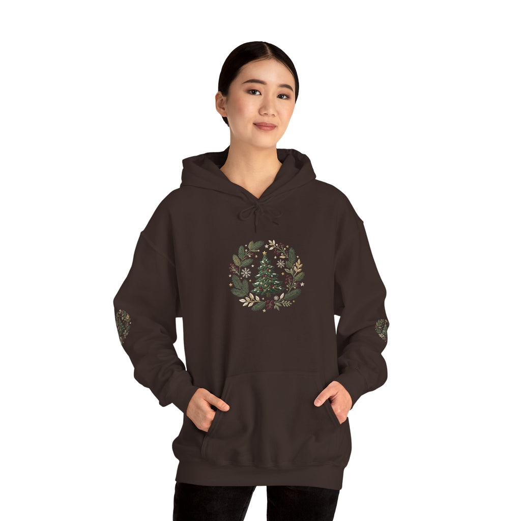 Christmas Tree Wreath Hoodie — Festive Botanical Sweatshirt, 50/50 Cotton-Poly, Unisex