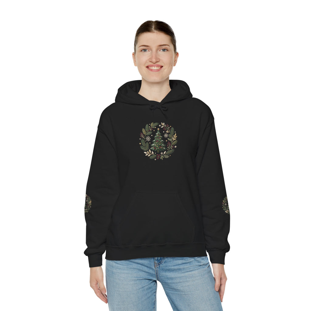 Christmas Tree Wreath Hoodie — Festive Botanical Sweatshirt, 50/50 Cotton-Poly, Unisex