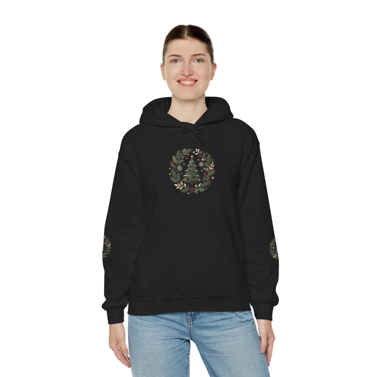 Christmas Tree Wreath Hoodie — Festive Botanical Sweatshirt, 50/50 Cotton-Poly, Unisex