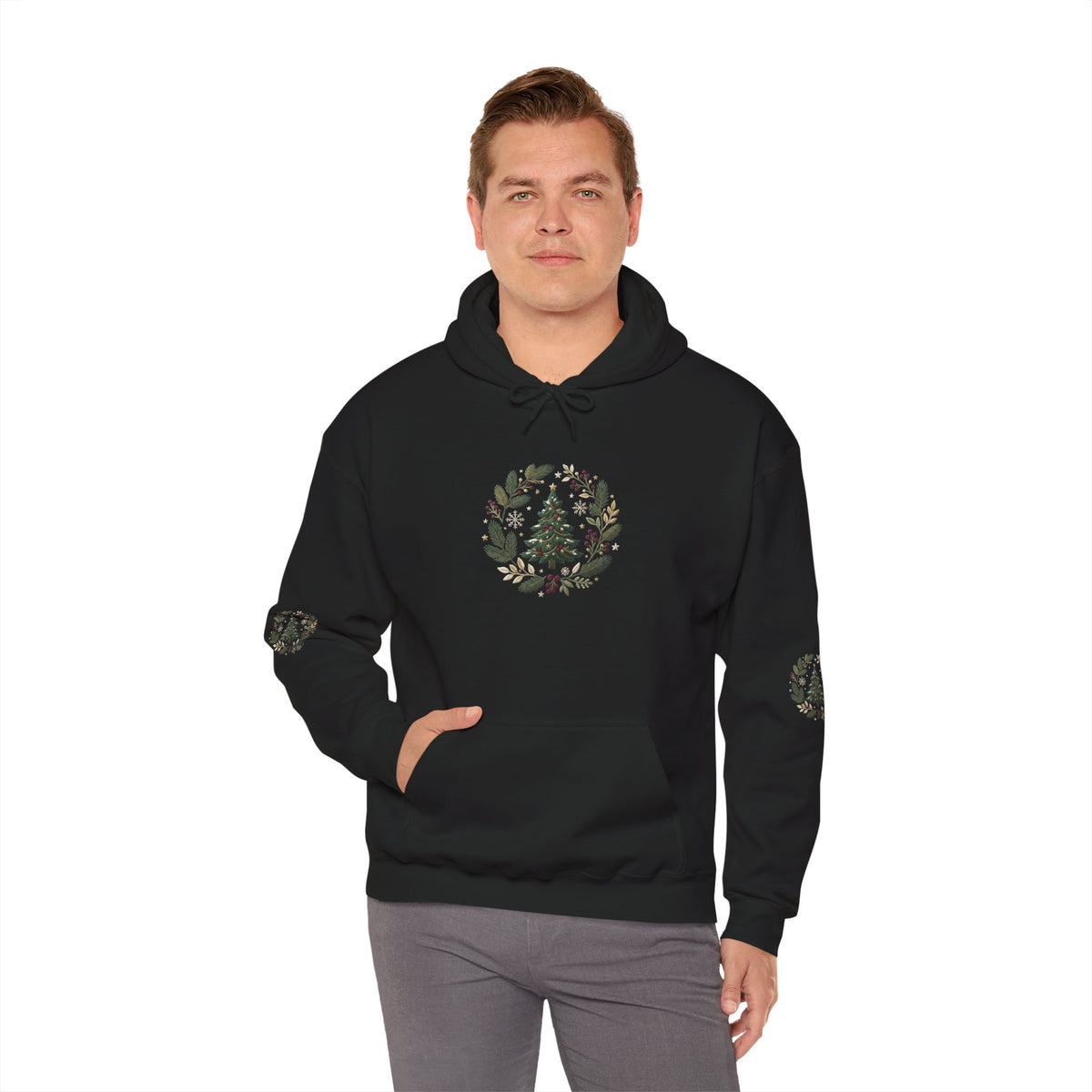Christmas Tree Wreath Hoodie — Festive Botanical Sweatshirt, 50/50 Cotton-Poly, Unisex