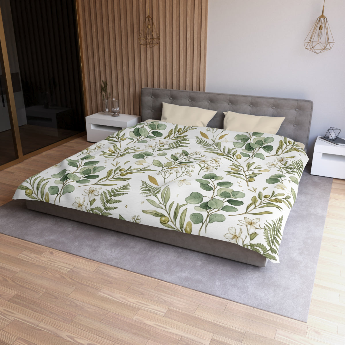 Botanical Eucalyptus Duvet Cover — Green Fern & Floral Microfiber Bedding