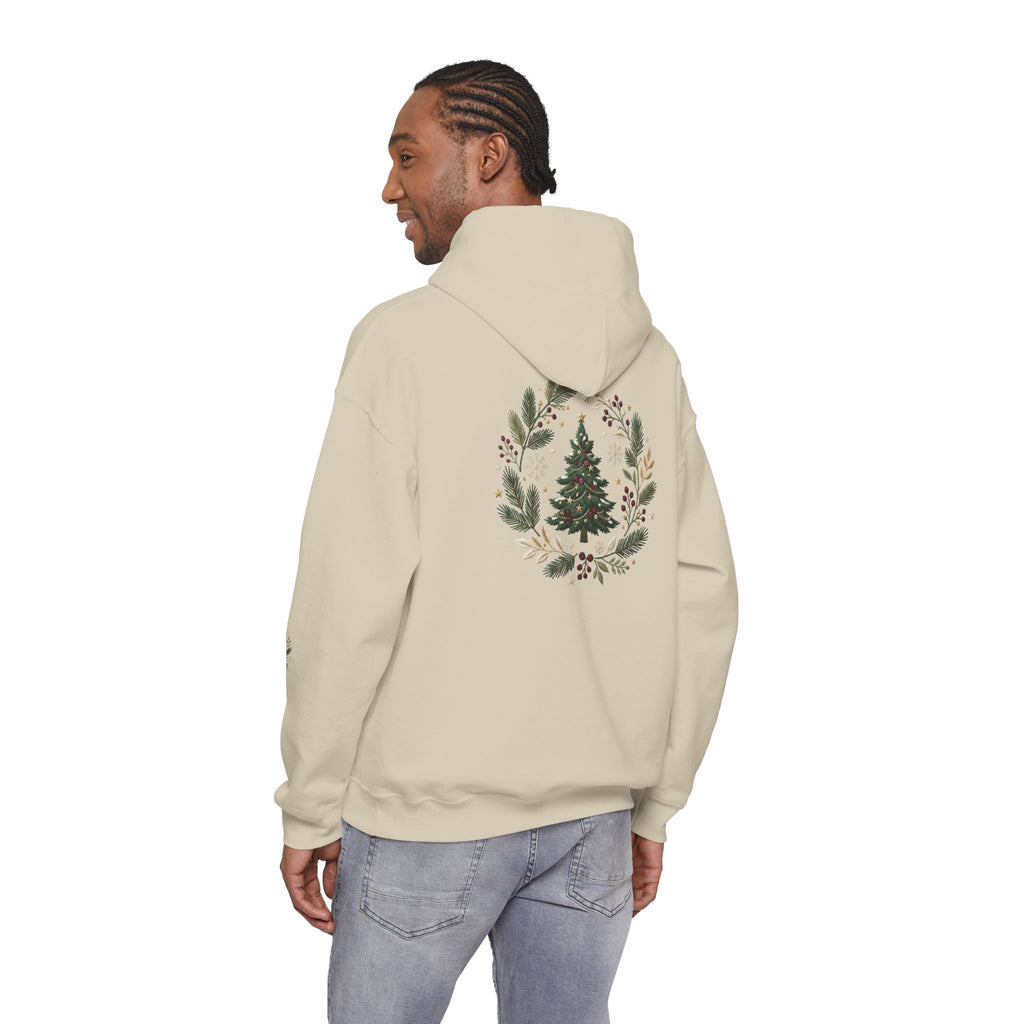 Christmas Tree Wreath Hoodie — Festive Botanical Sweatshirt, 50/50 Cotton-Poly, Unisex