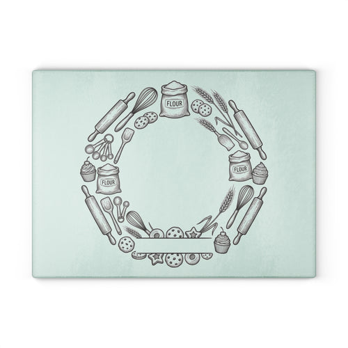 Baking Tools Glass Cutting Board — Kitchen Utensil Wreath Design