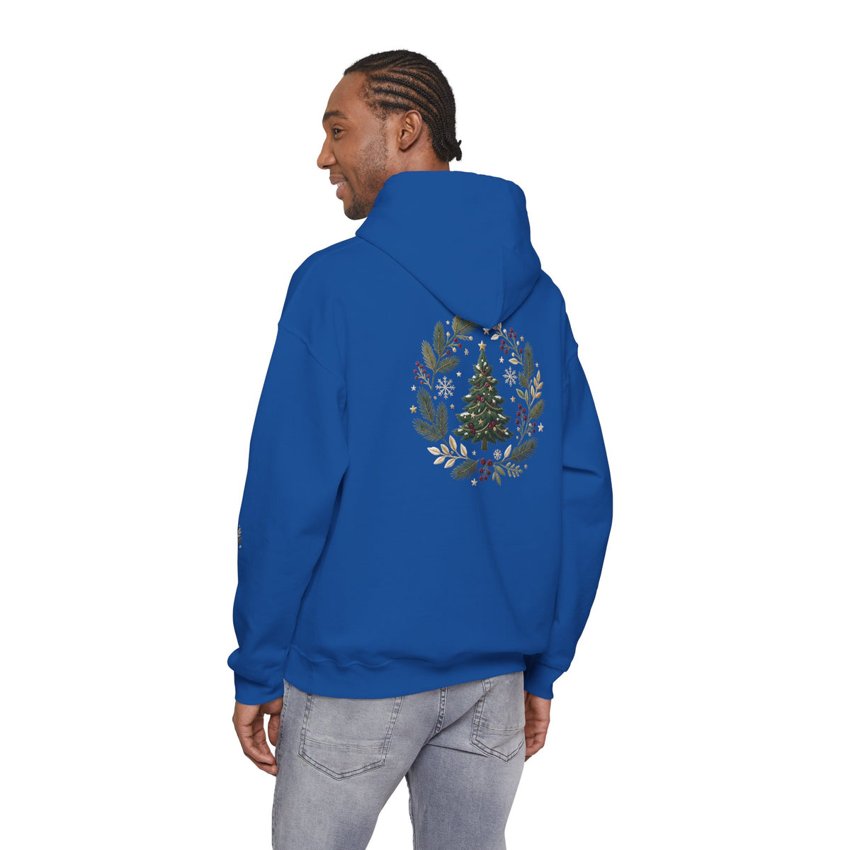 Christmas Tree Wreath Hoodie — Festive Botanical Sweatshirt, 50/50 Cotton-Poly, Unisex