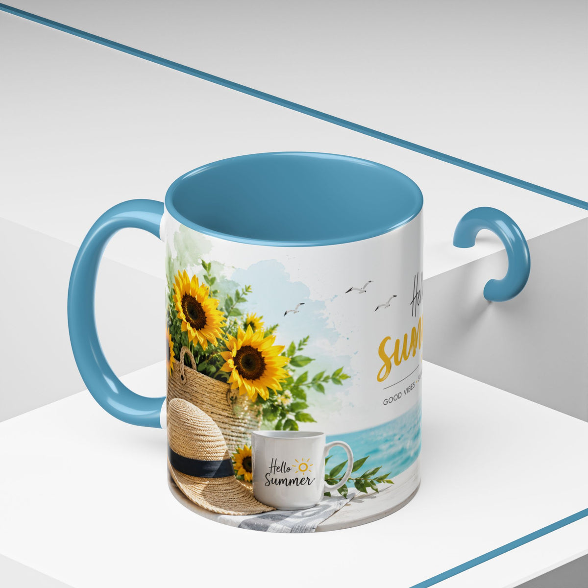 Hello Summer Accent Coffee Mug — Beach Vibes Lemon Palm Coastal Ceramic Mug (11/15oz)