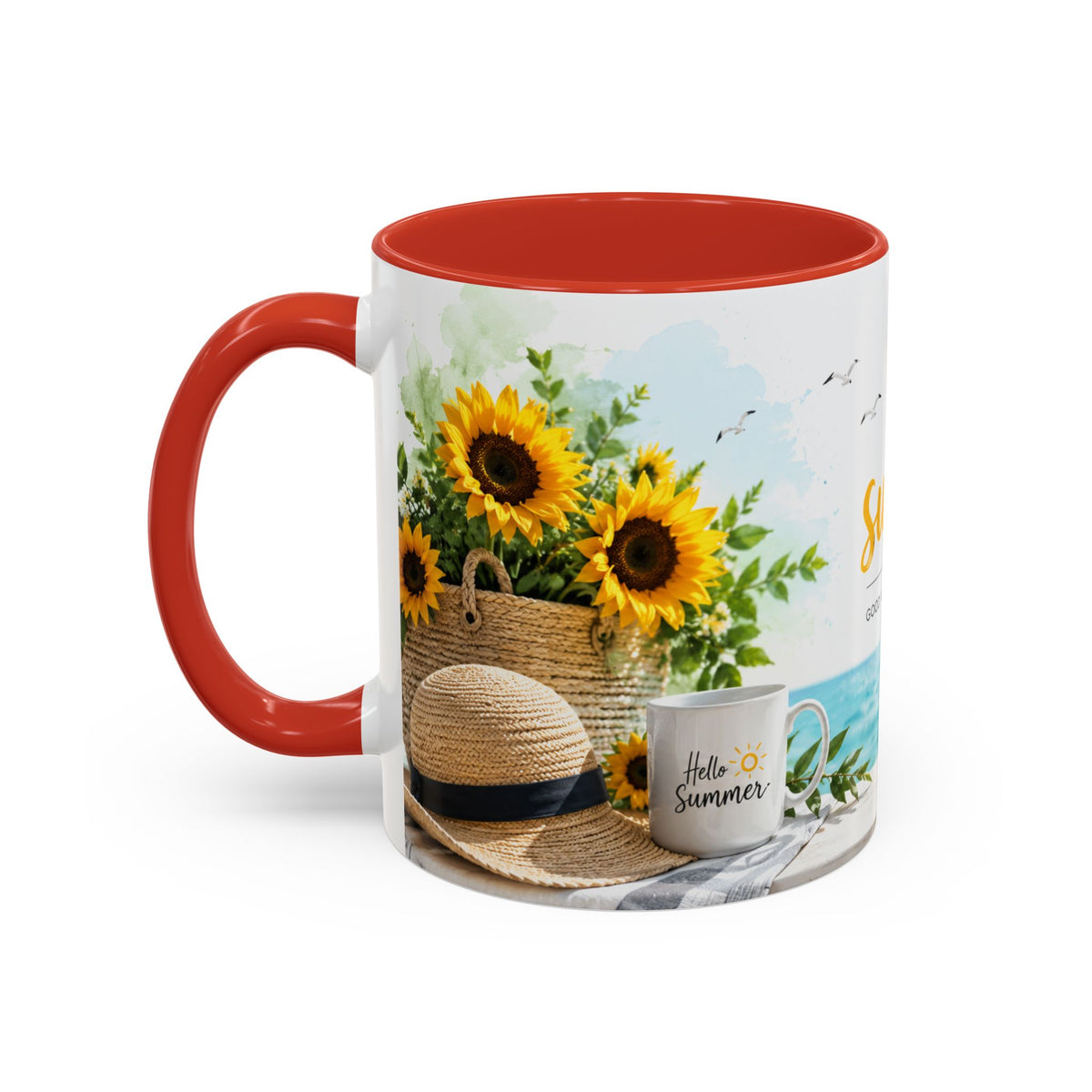 Hello Summer Accent Coffee Mug — Beach Vibes Lemon Palm Coastal Ceramic Mug (11/15oz)