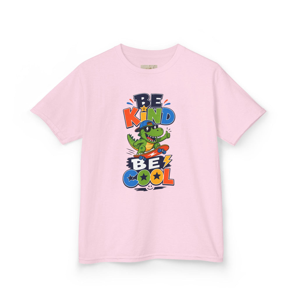 Kids Tee — "Be Kind, Be Cool" Dinosaur Graphic with "Shine Bright" Back
