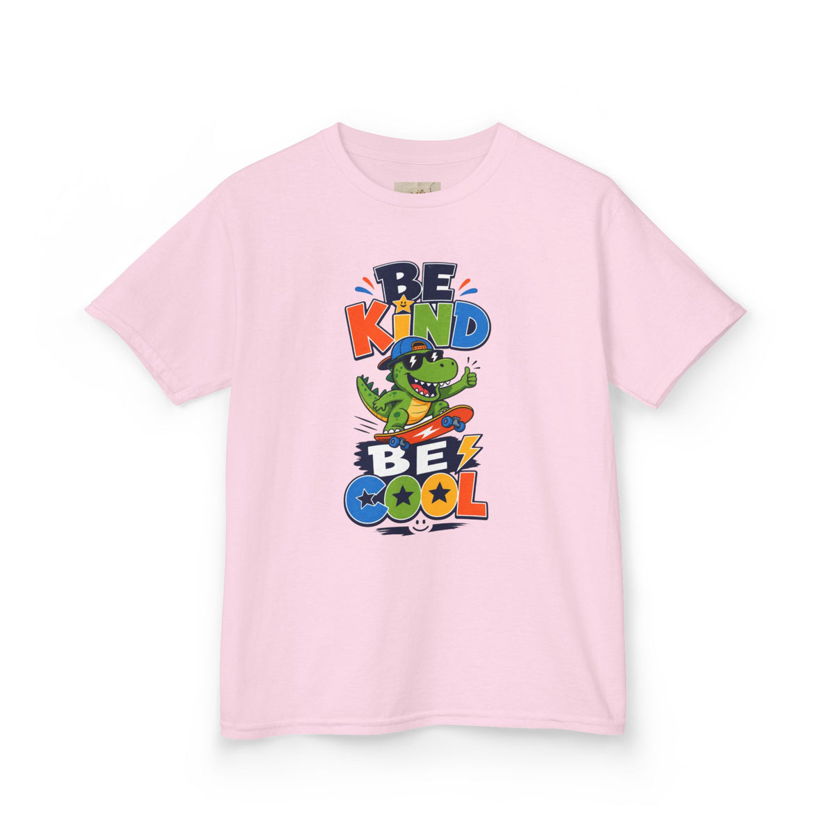 Kids Tee — "Be Kind, Be Cool" Dinosaur Graphic with "Shine Bright" Back
