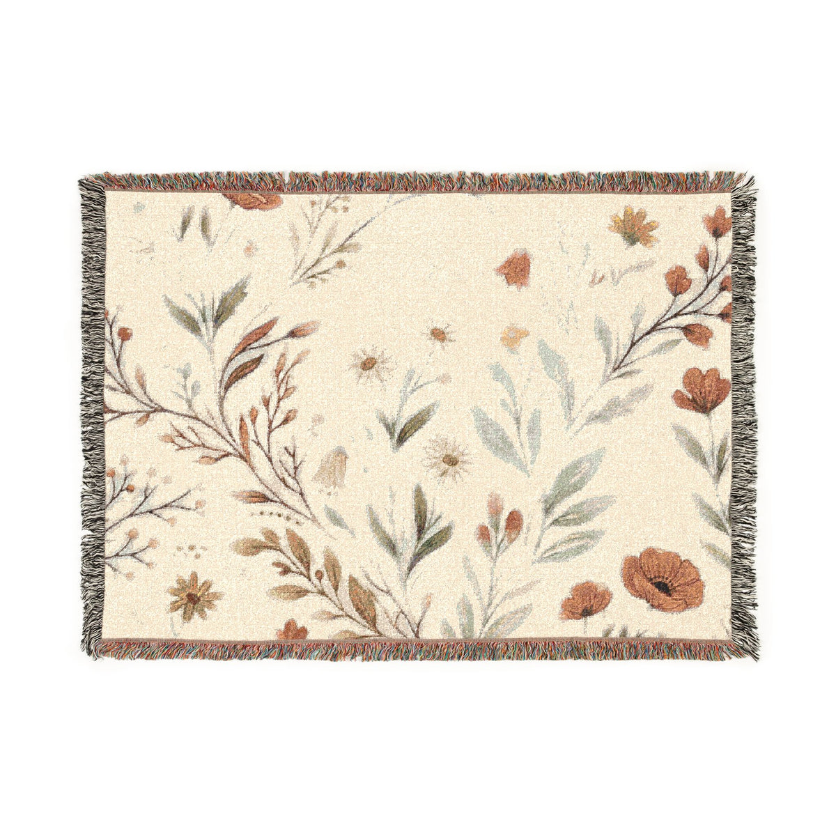 Floral Woven Blanket — Vintage Botanical Throw with Fringe