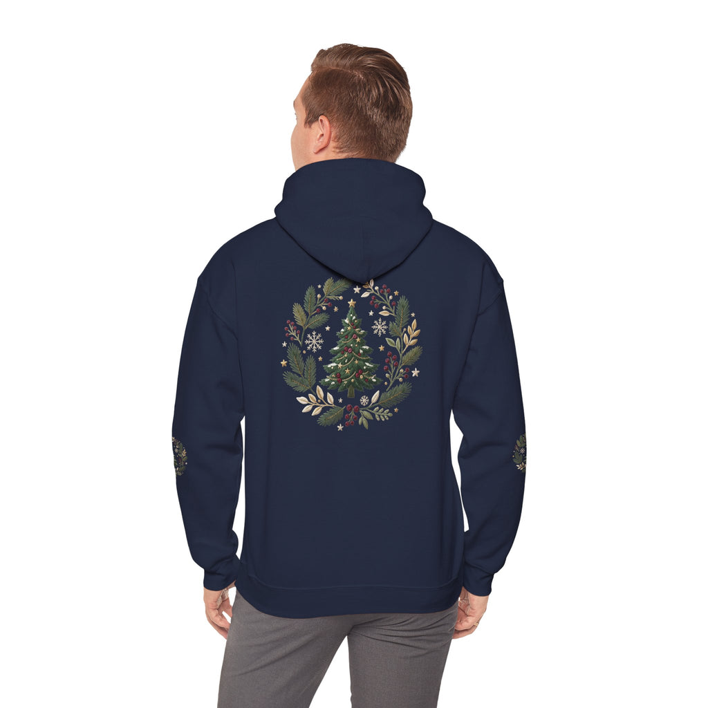 Christmas Tree Wreath Hoodie — Festive Botanical Sweatshirt, 50/50 Cotton-Poly, Unisex
