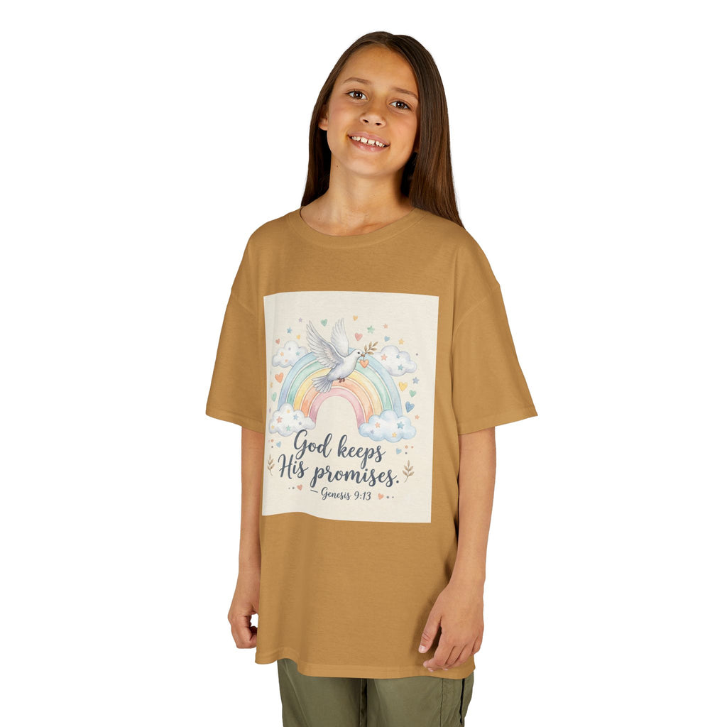 Christian Kids T-Shirt — "God Keeps His Promises" Rainbow Dove Tee | Psalm 145:13