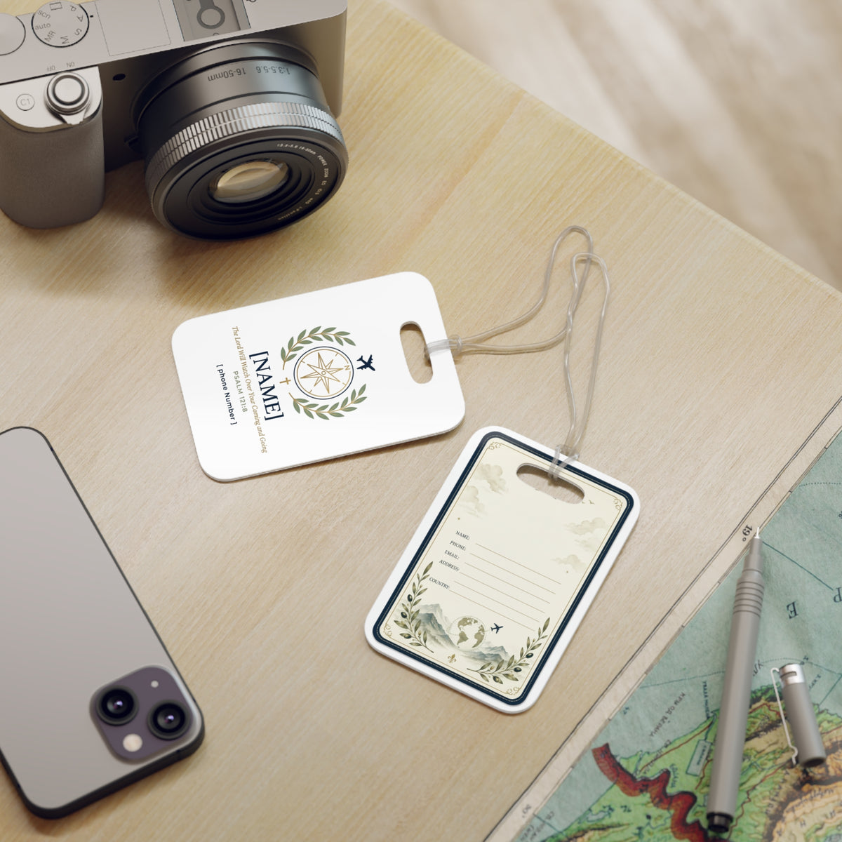 Personalized Travel Luggage Tag — Compass & Laurel Design with Psalm 121 Verse