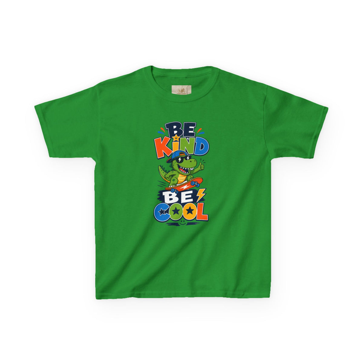 Kids Tee — "Be Kind, Be Cool" Dinosaur Graphic with "Shine Bright" Back