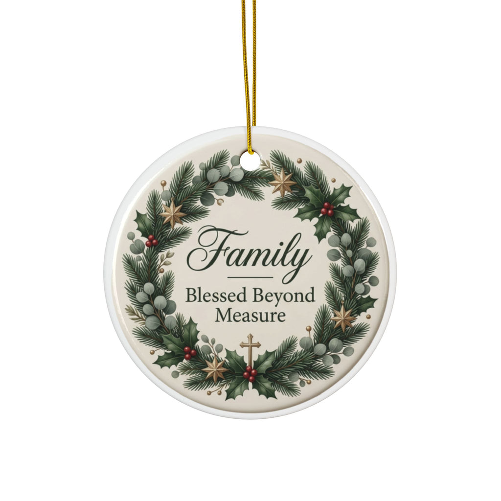 Family Christmas Ceramic Ornament — Blessed Beyond Measure Wreath, Double-Sided Glossy Holiday Decoration