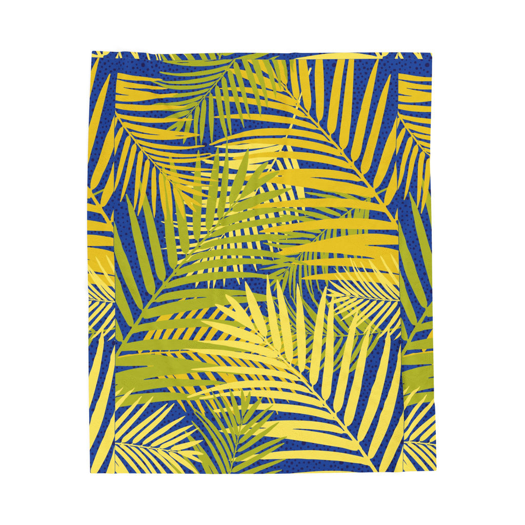 Tropical Palm Velveteen Plush Blanket — Blue & Yellow Leaf Throw