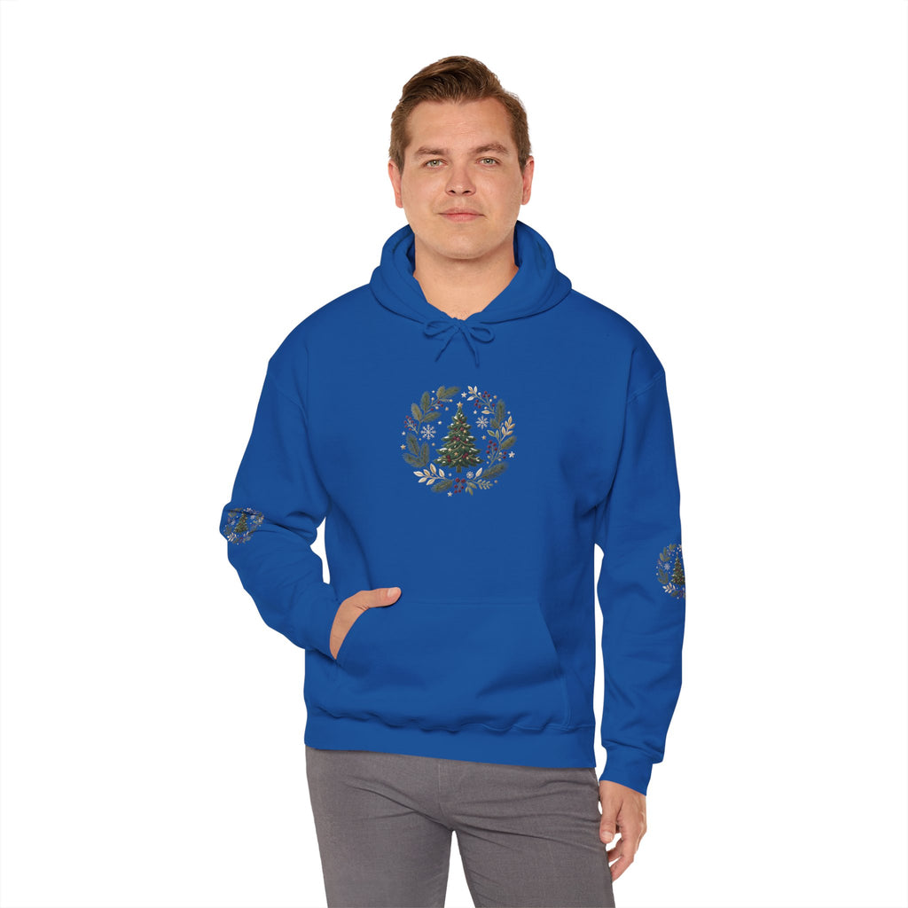 Christmas Tree Wreath Hoodie — Festive Botanical Sweatshirt, 50/50 Cotton-Poly, Unisex