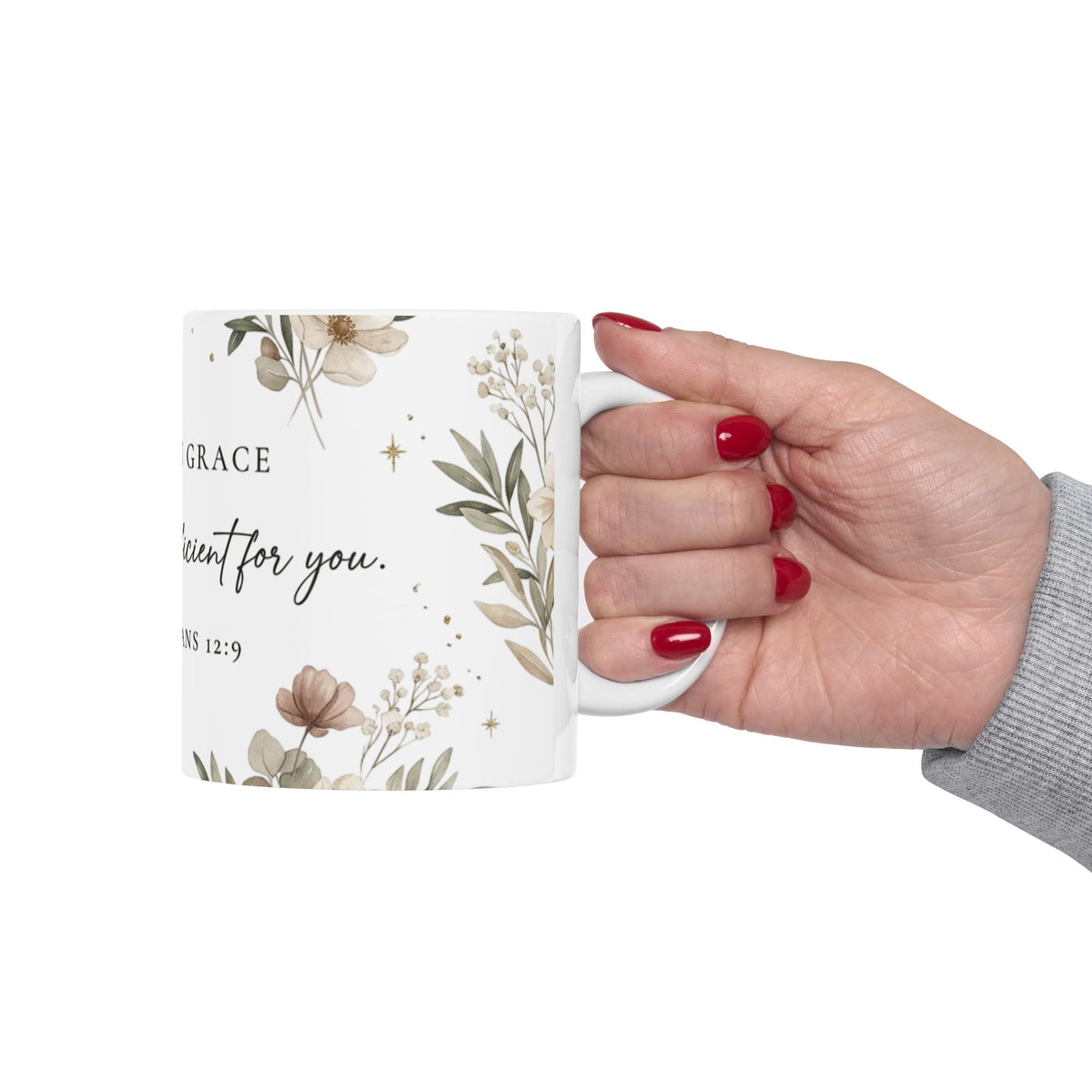 Rooted in Grace Ceramic Mug — 2 Corinthians 12:9 Floral Scripture Coffee Cup
