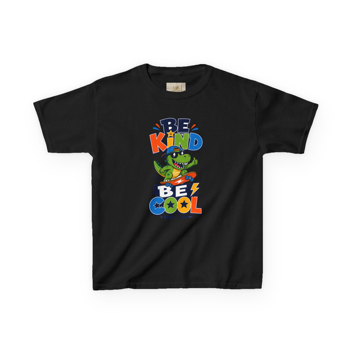 Kids Tee — "Be Kind, Be Cool" Dinosaur Graphic with "Shine Bright" Back