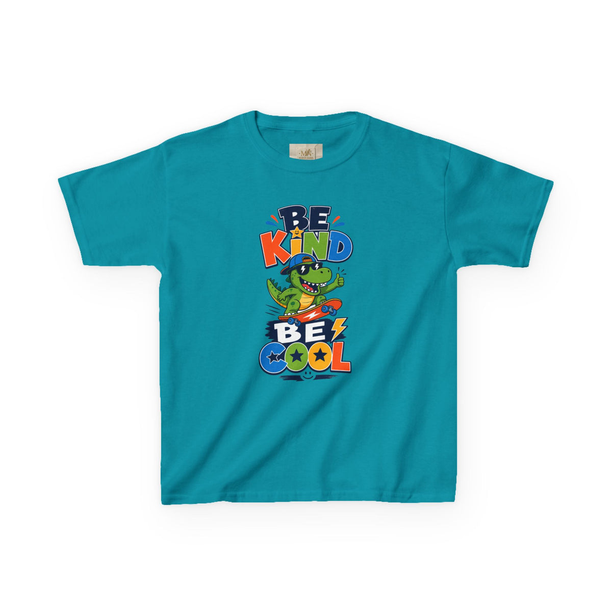 Kids Tee — "Be Kind, Be Cool" Dinosaur Graphic with "Shine Bright" Back