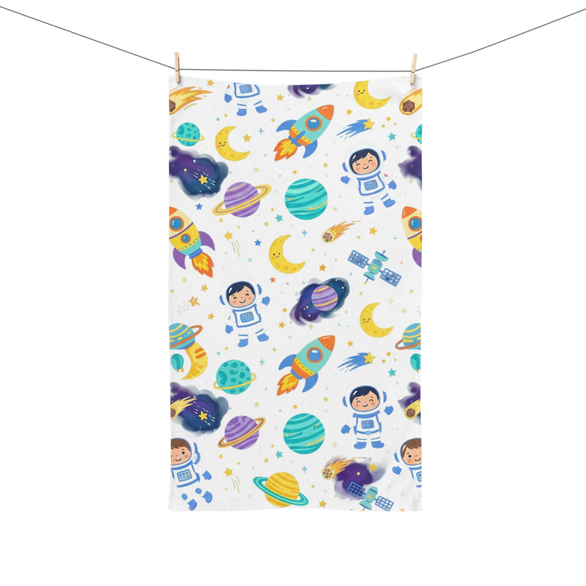 Kids Space Rocket Hand Towel — Cute Astronaut & Planet Bathroom Towel