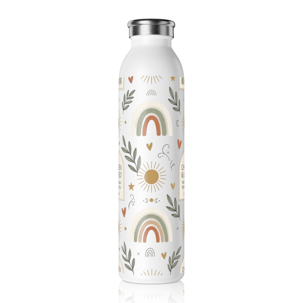 Slim Water Bottle — “Chosen & Loved” Inspirational Stainless Bottle with Rainbows & Sun Motif