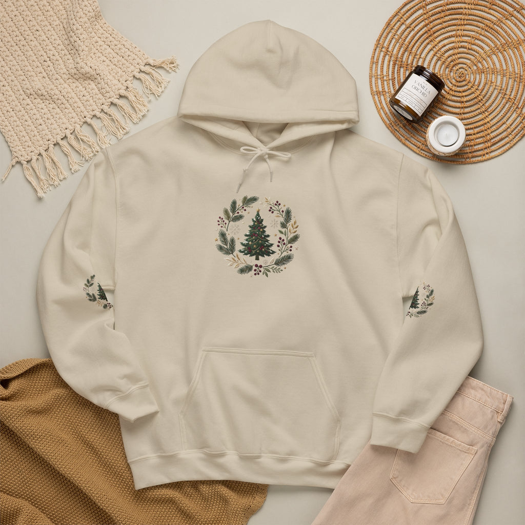 Christmas Tree Wreath Hoodie — Festive Botanical Sweatshirt, 50/50 Cotton-Poly, Unisex