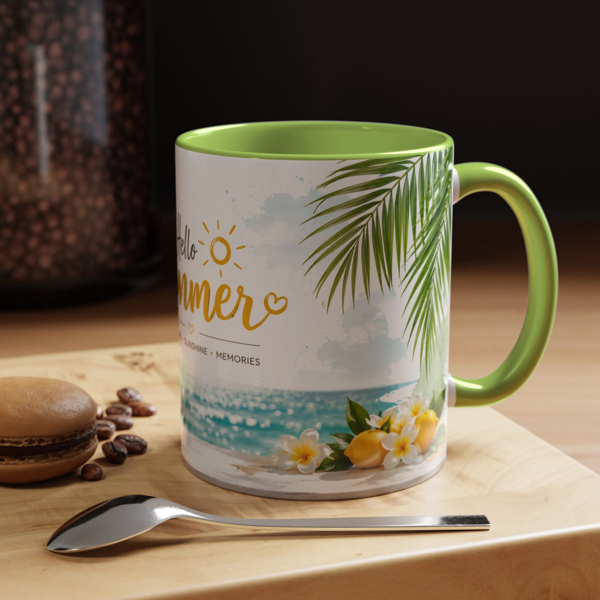 Hello Summer Accent Coffee Mug — Beach Vibes Lemon Palm Coastal Ceramic Mug (11/15oz)