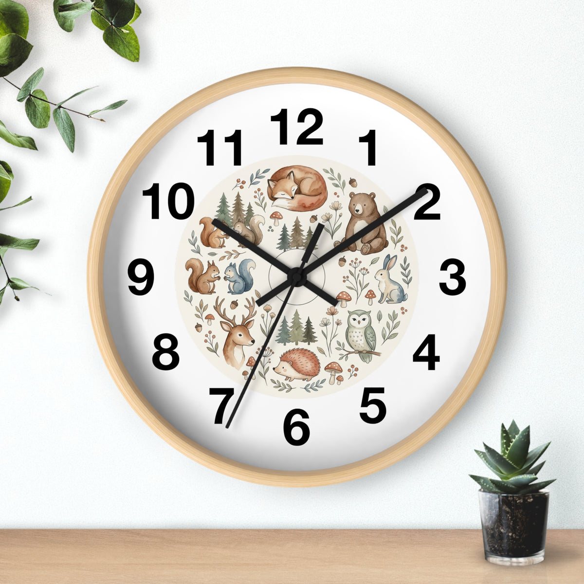 Woodland Animals Wall Clock — Cute Forest Nursery Clock with Fox, Deer, Owl & Squirrel