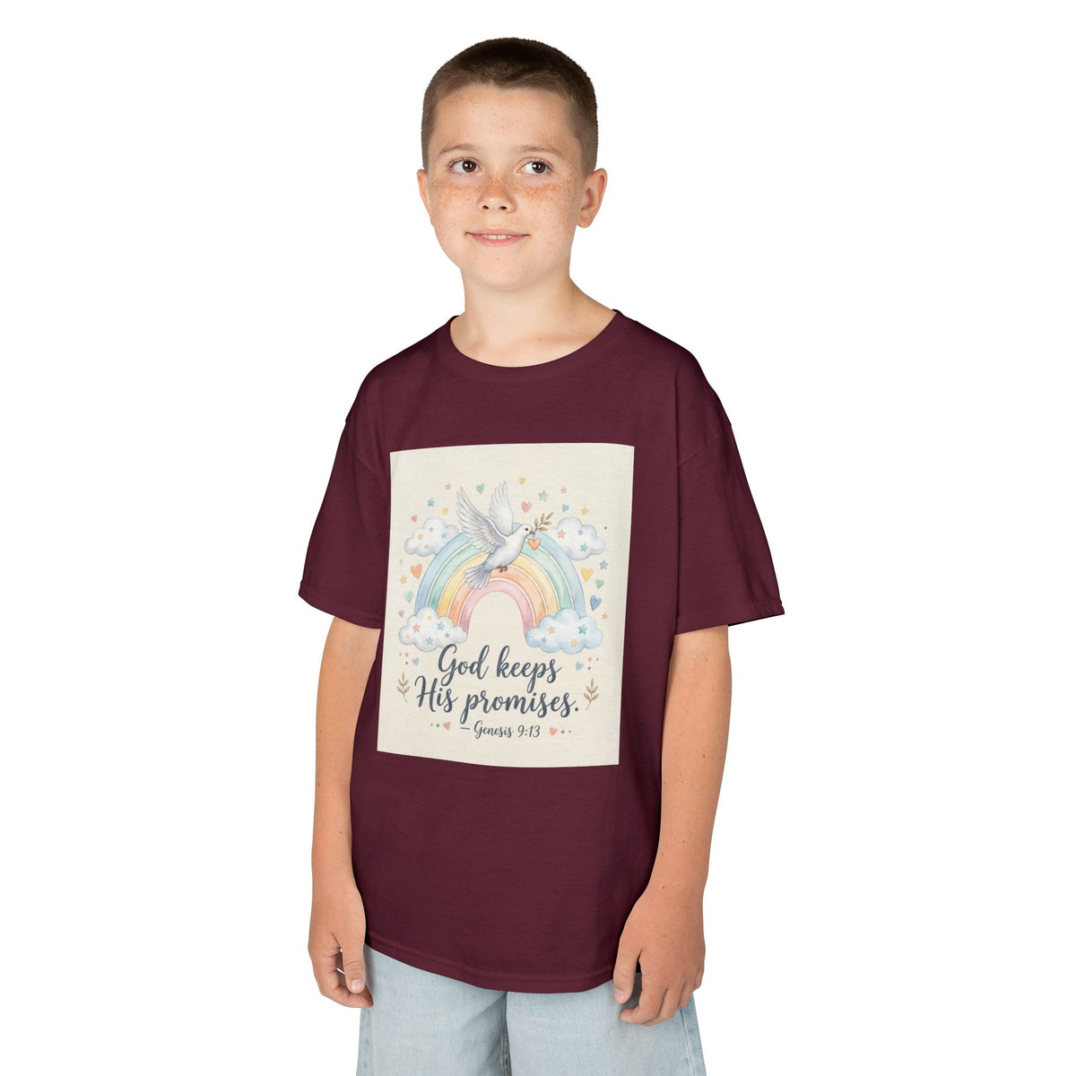 Christian Kids T-Shirt — "God Keeps His Promises" Rainbow Dove Tee | Psalm 145:13