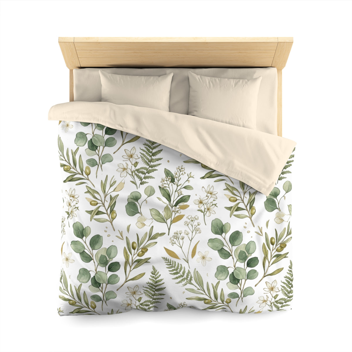 Botanical Eucalyptus Duvet Cover — Green Fern & Floral Microfiber Bedding