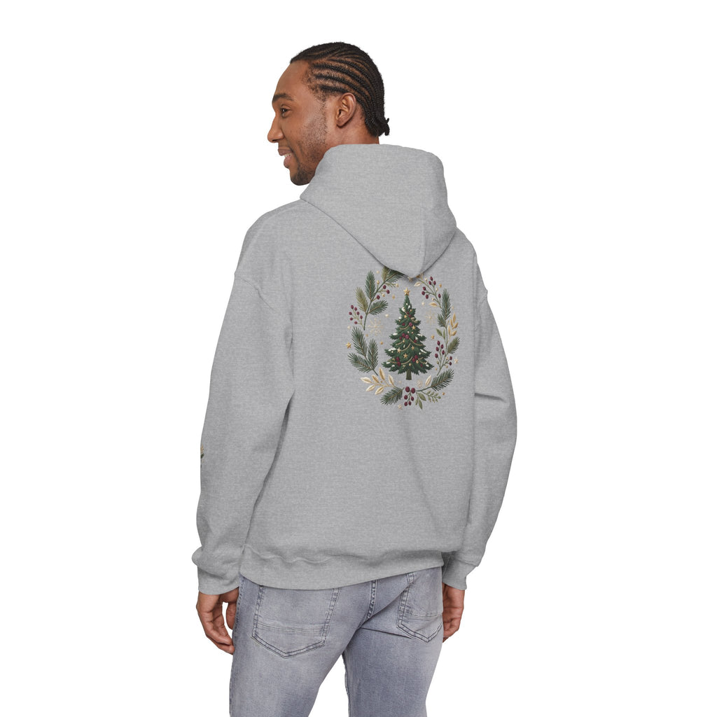 Christmas Tree Wreath Hoodie — Festive Botanical Sweatshirt, 50/50 Cotton-Poly, Unisex