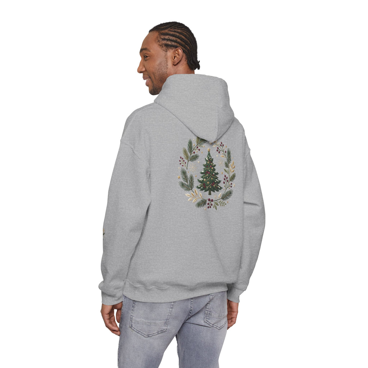 Christmas Tree Wreath Hoodie — Festive Botanical Sweatshirt, 50/50 Cotton-Poly, Unisex