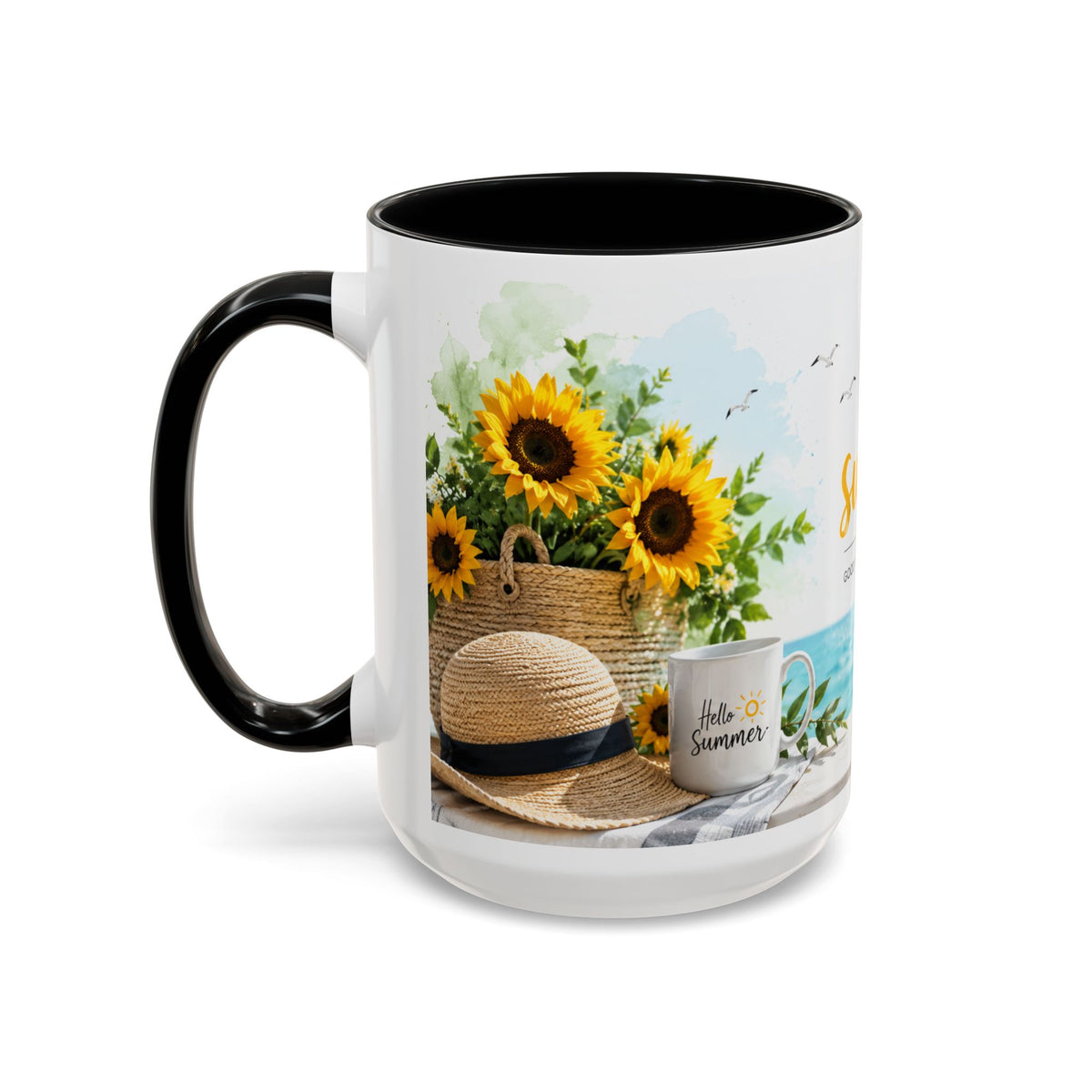 Hello Summer Accent Coffee Mug — Beach Vibes Lemon Palm Coastal Ceramic Mug (11/15oz)