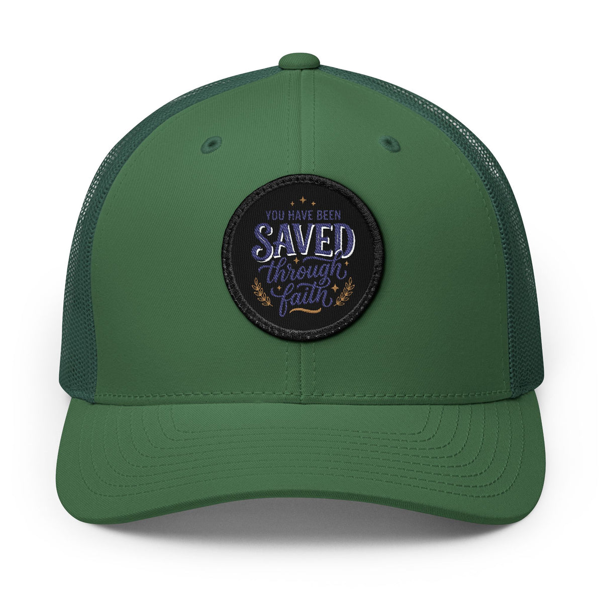 Embroidered Patch Trucker Hat — "You Have Been Saved Through Faith"