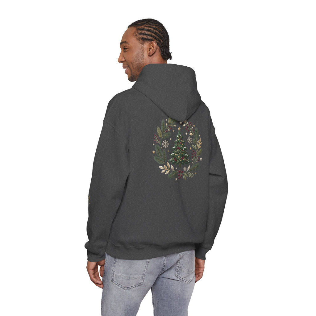 Christmas Tree Wreath Hoodie — Festive Botanical Sweatshirt, 50/50 Cotton-Poly, Unisex