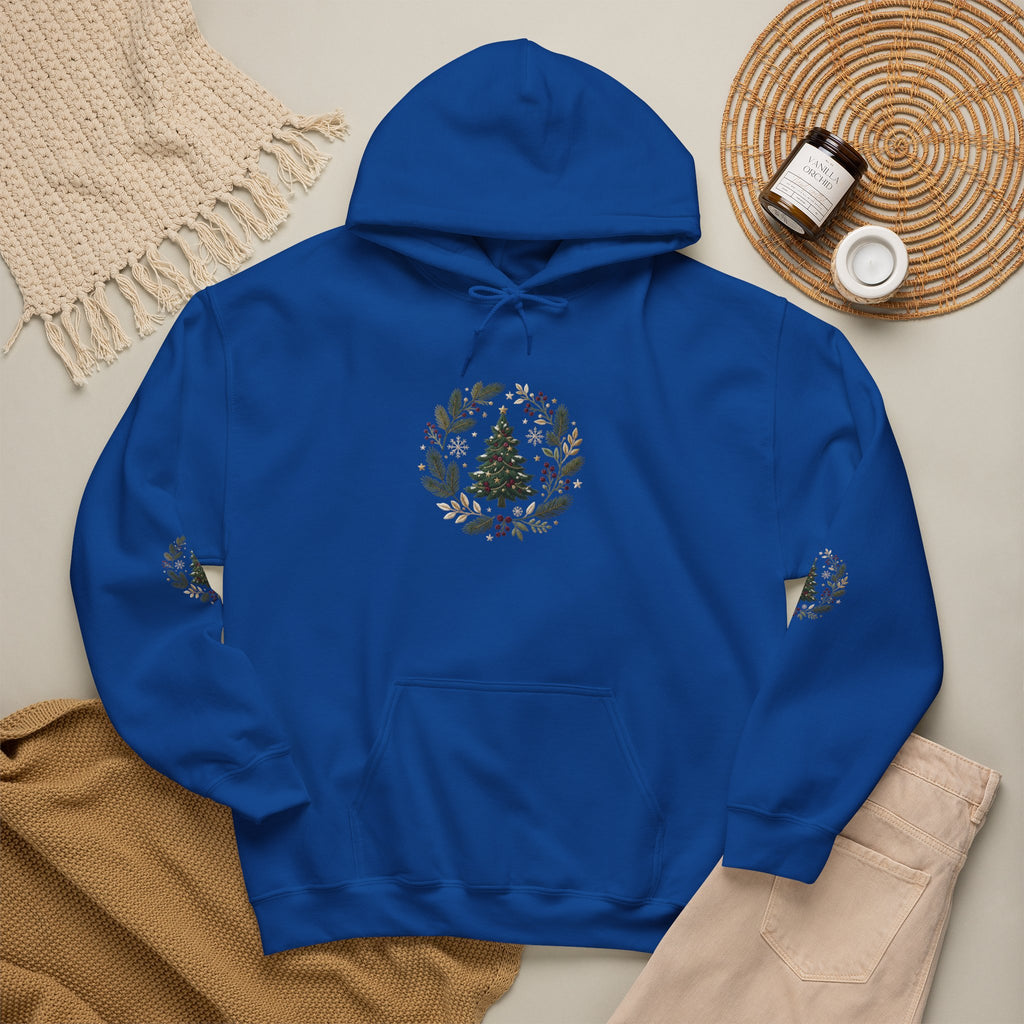 Christmas Tree Wreath Hoodie — Festive Botanical Sweatshirt, 50/50 Cotton-Poly, Unisex